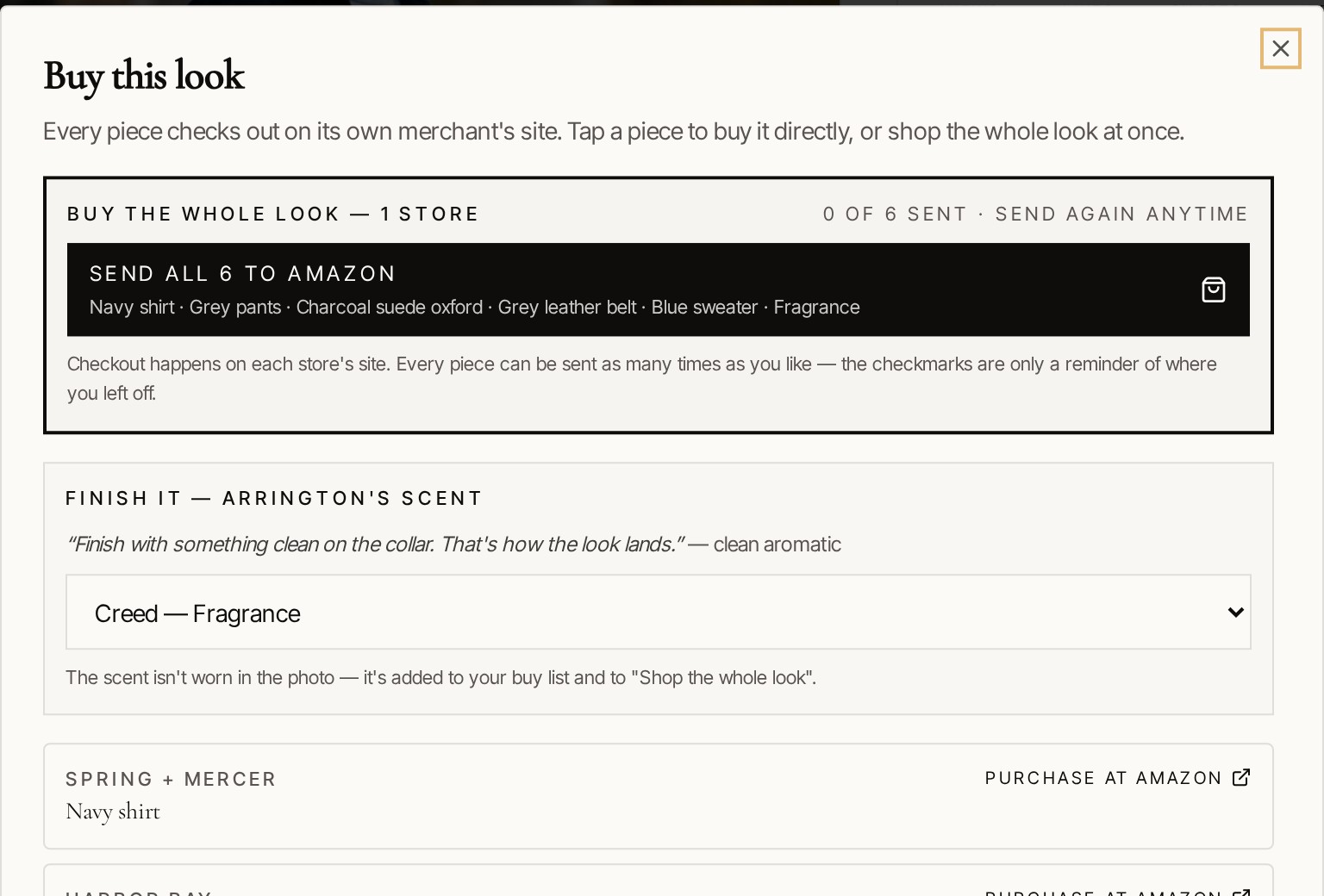 Buy this look window showing Send all 6 to Amazon and individual Purchase at Amazon links