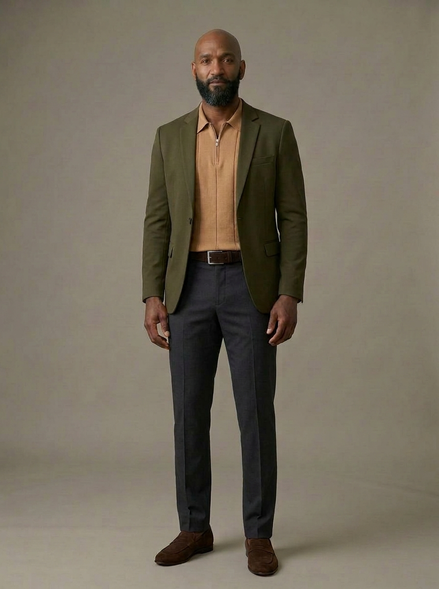 Arrington, the voice of Arrington-Cole, in an olive knit blazer over a tan short-sleeve half-zip knit polo, charcoal trousers and brown suede loafers