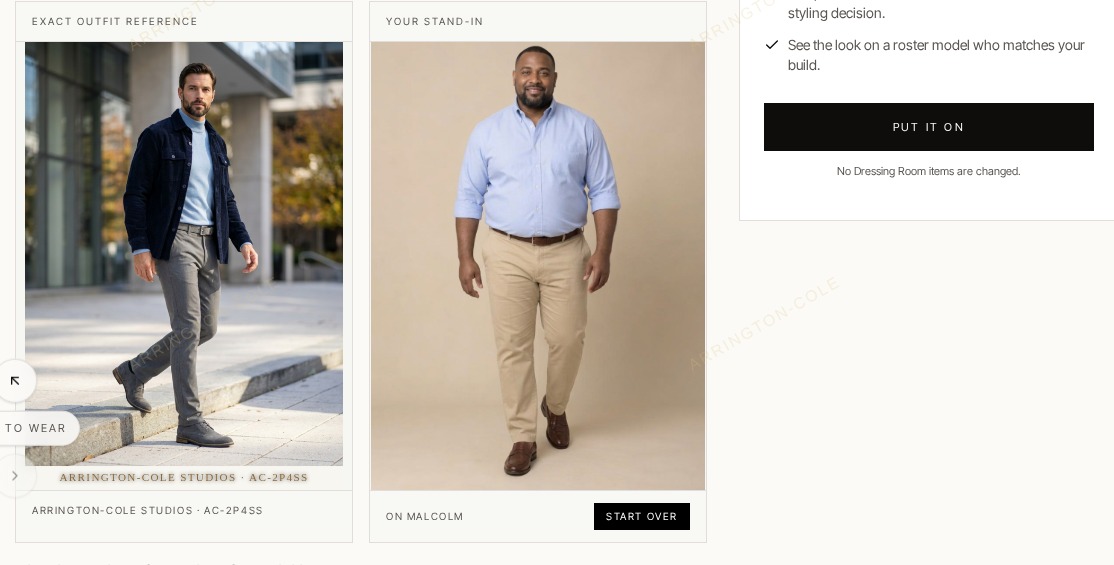 The original outfit beside Malcolm in his selected pose and original clothes, before tapping Put It On